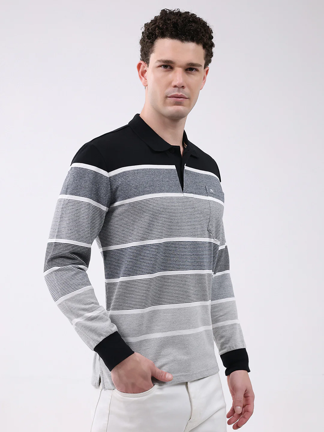 Men Grey Stripe Collar Full Sleeve Winter T-Shirt - Image 3