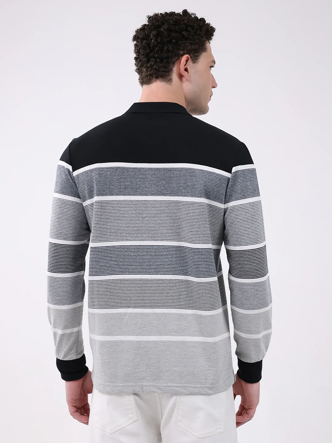 Men Grey Stripe Collar Full Sleeve Winter T-Shirt - Image 5