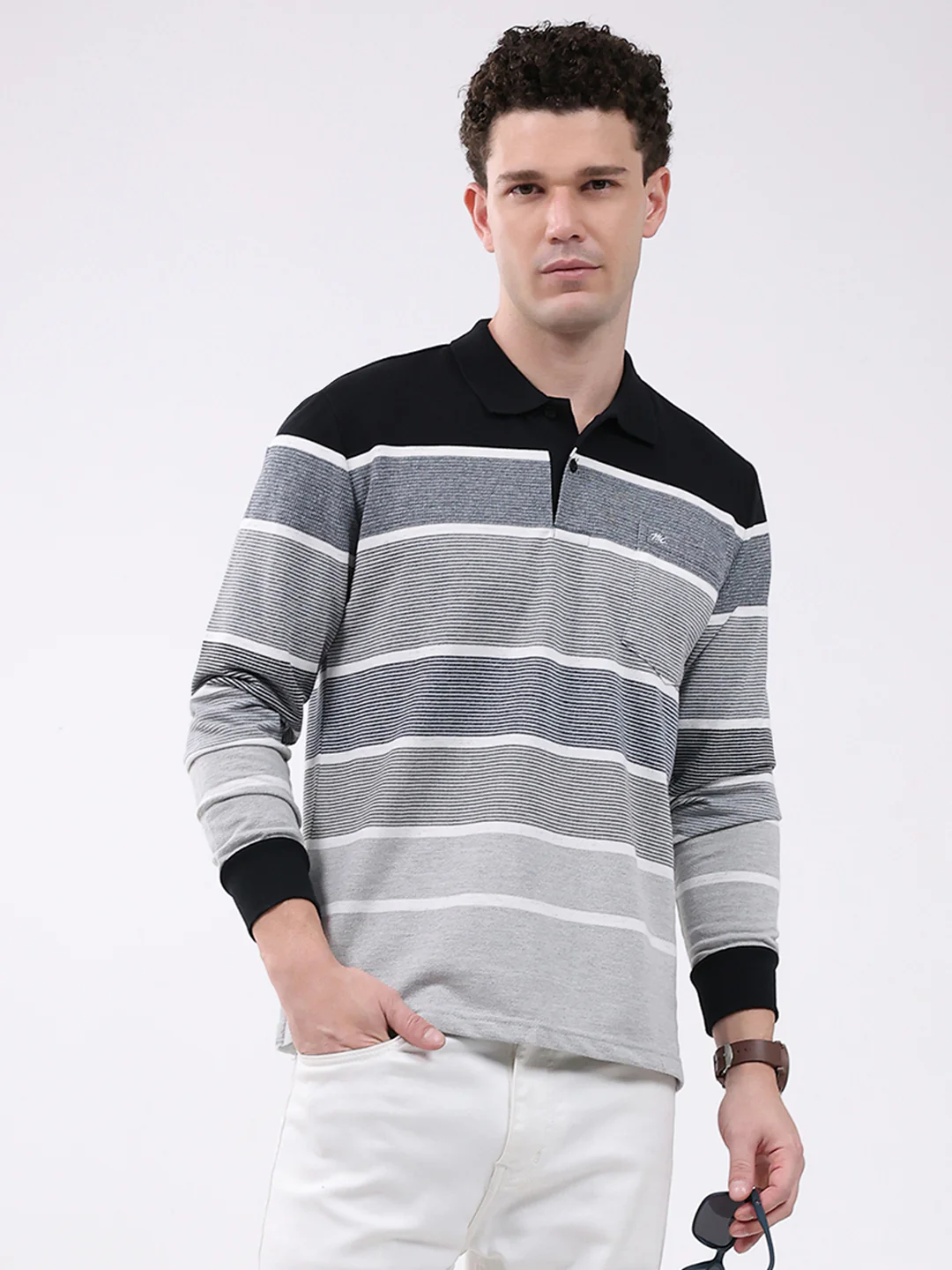 Men Grey Stripe Collar Full Sleeve Winter T-Shirt - Image 6