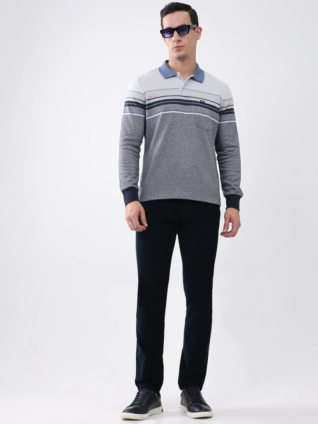 Men Grey Stripe Collar Full Sleeve Winter T-Shirt - Image 2