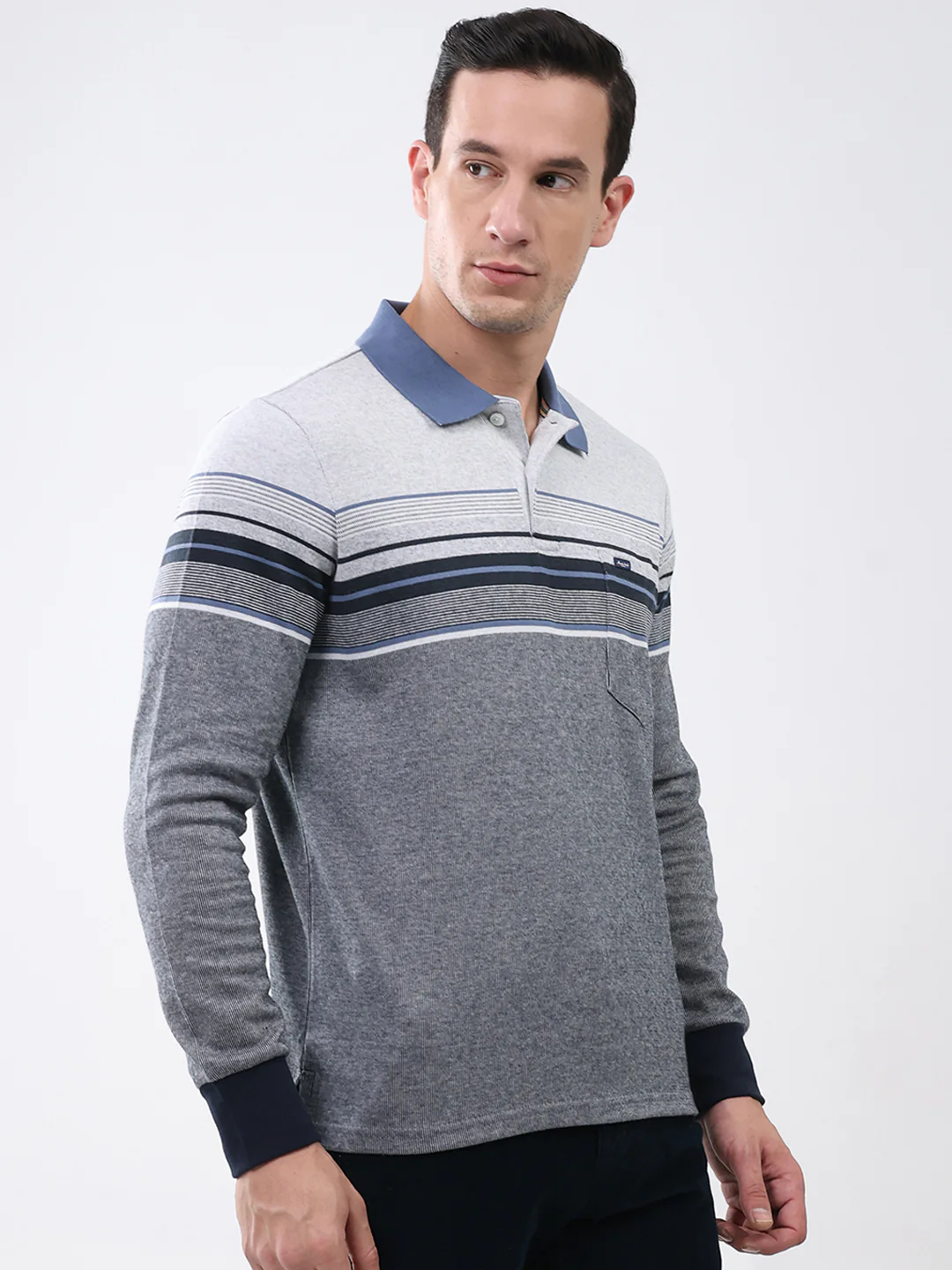 Men Grey Stripe Collar Full Sleeve Winter T-Shirt - Image 4
