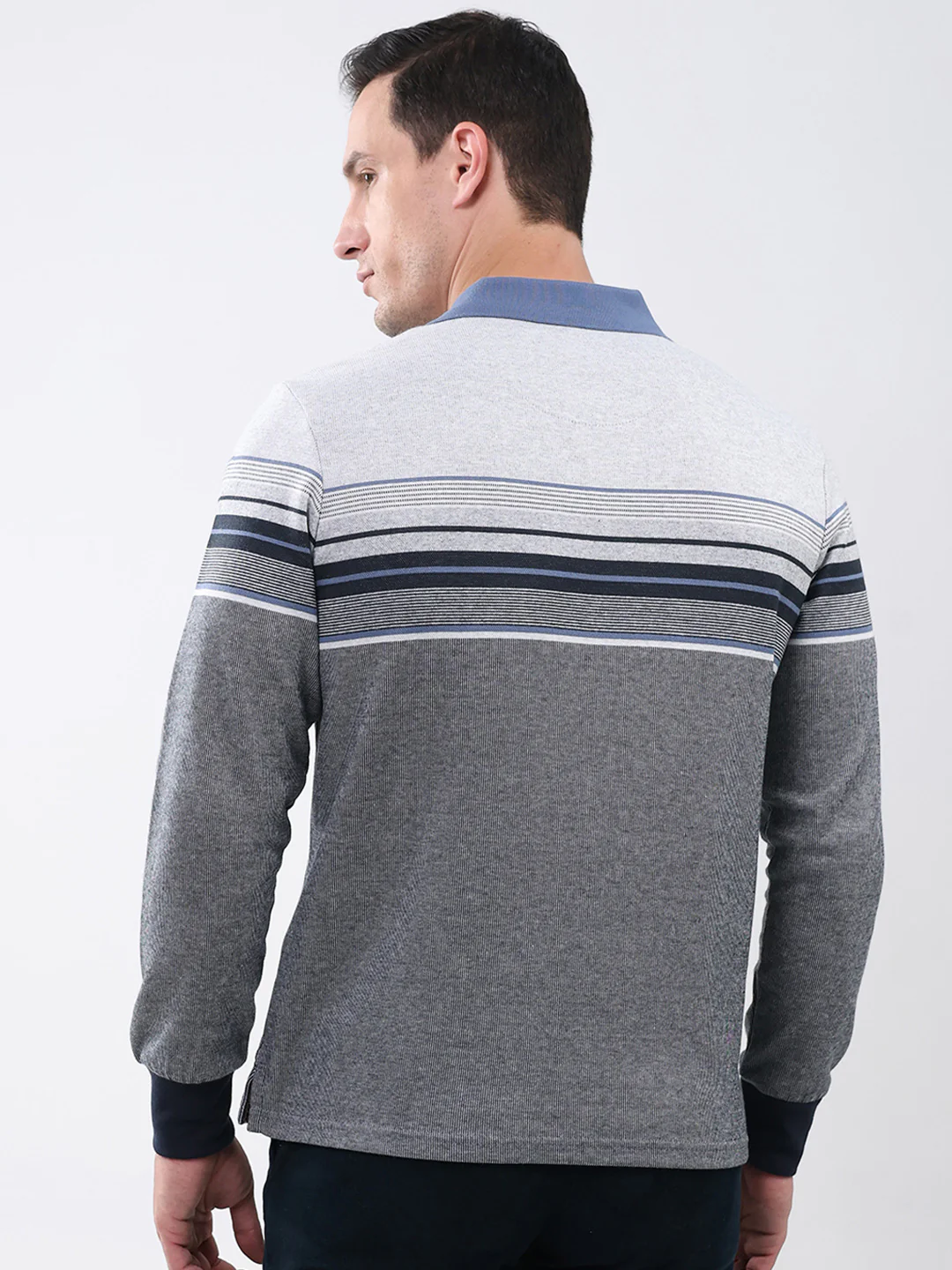Men Grey Stripe Collar Full Sleeve Winter T-Shirt - Image 5