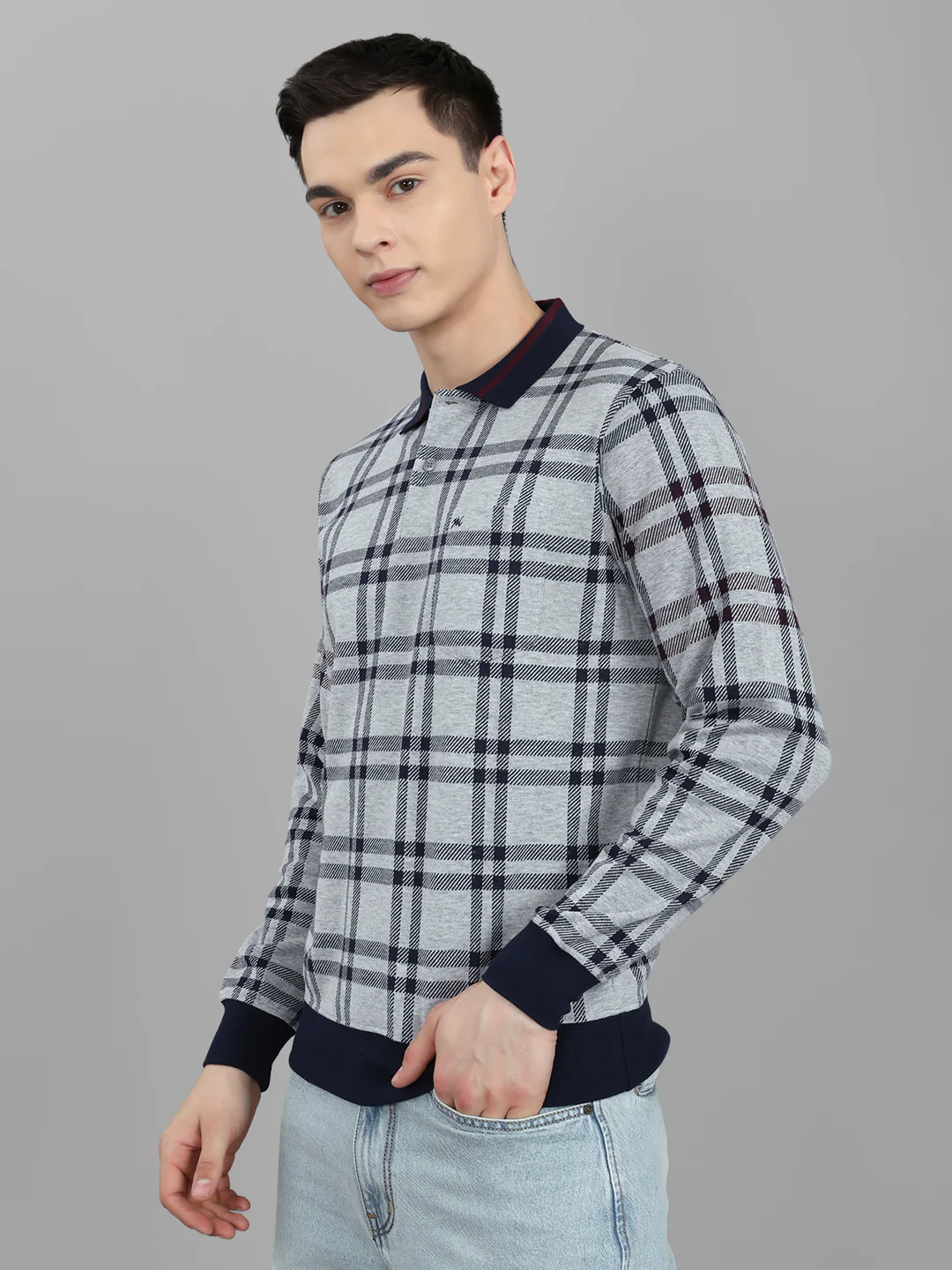 Men Grey Stripe Collar Full Sleeve Winter T-Shirt - Image 2