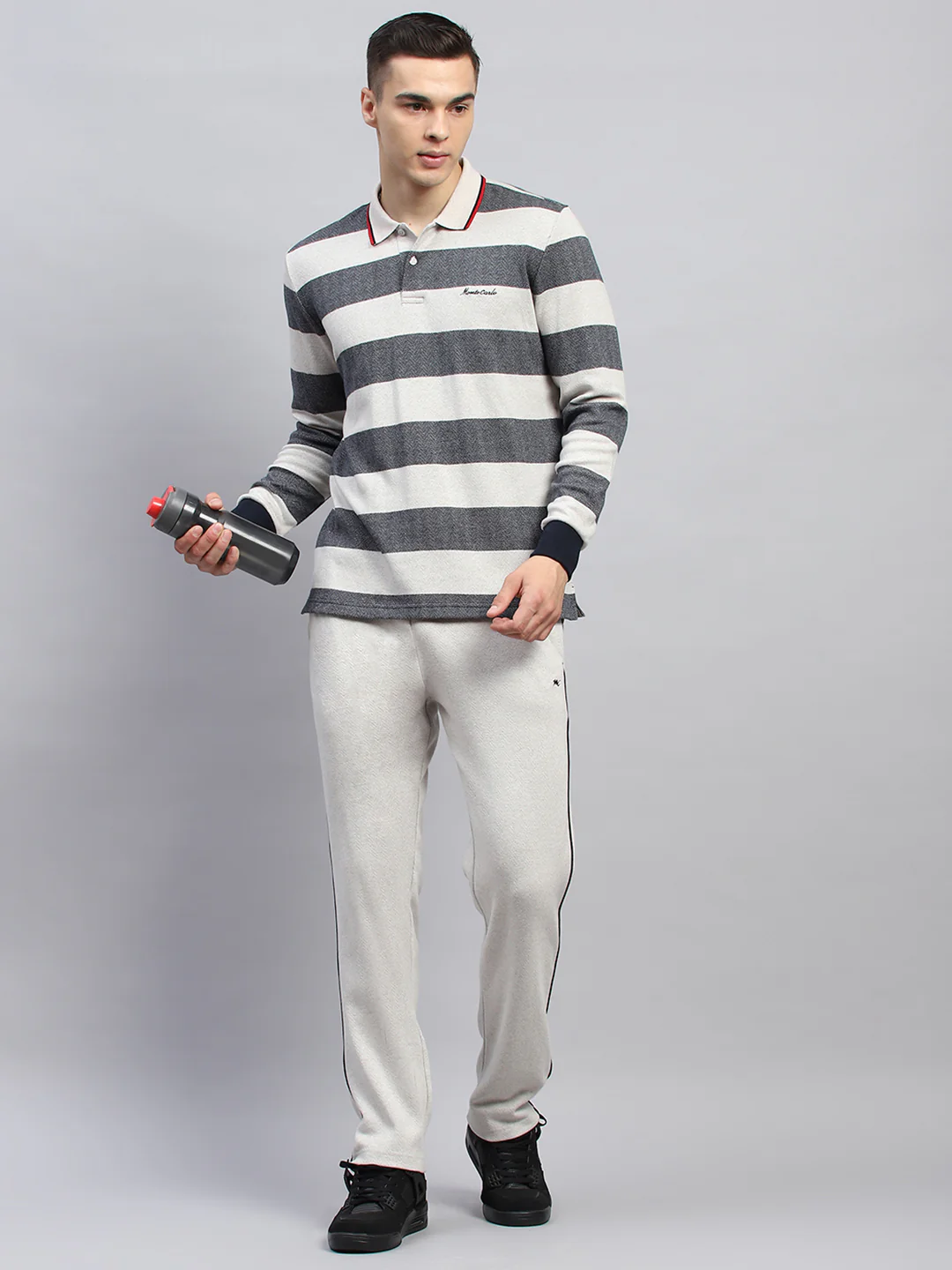 Men Grey Stripe Collar Full Sleeve Winter Tracksuit - Image 2
