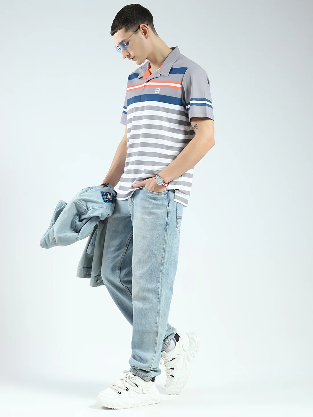 Rock.it Men Grey Stripe Collar Half Sleeve T-Shirt - Image 2