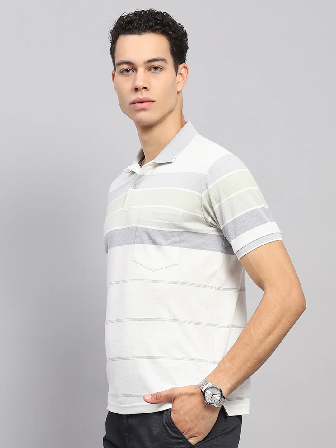 Men Grey Stripe Collar Half Sleeve T-Shirt - Image 3