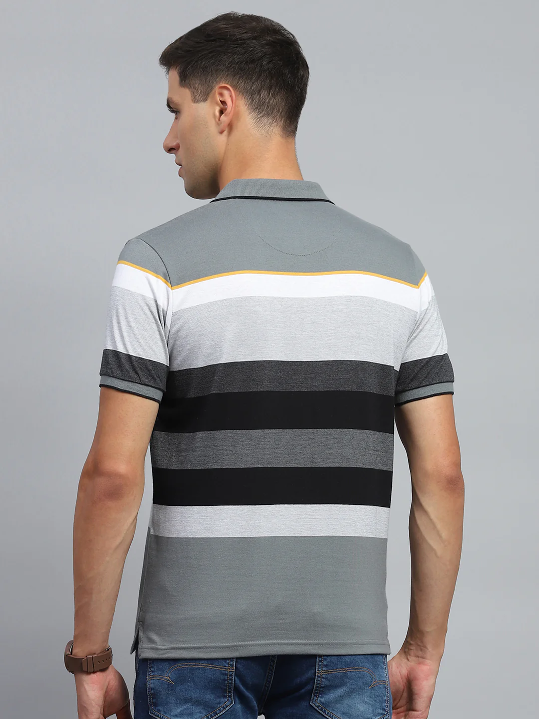 Men Grey Stripe Collar Half Sleeve T-Shirt - Image 5