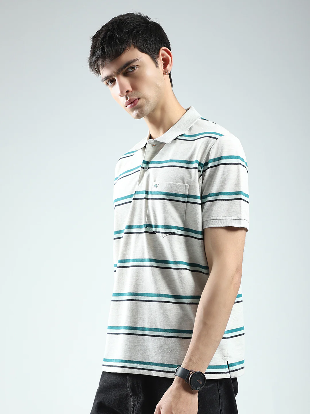 Men Grey Stripe Collar Half Sleeve T-Shirt - Image 3