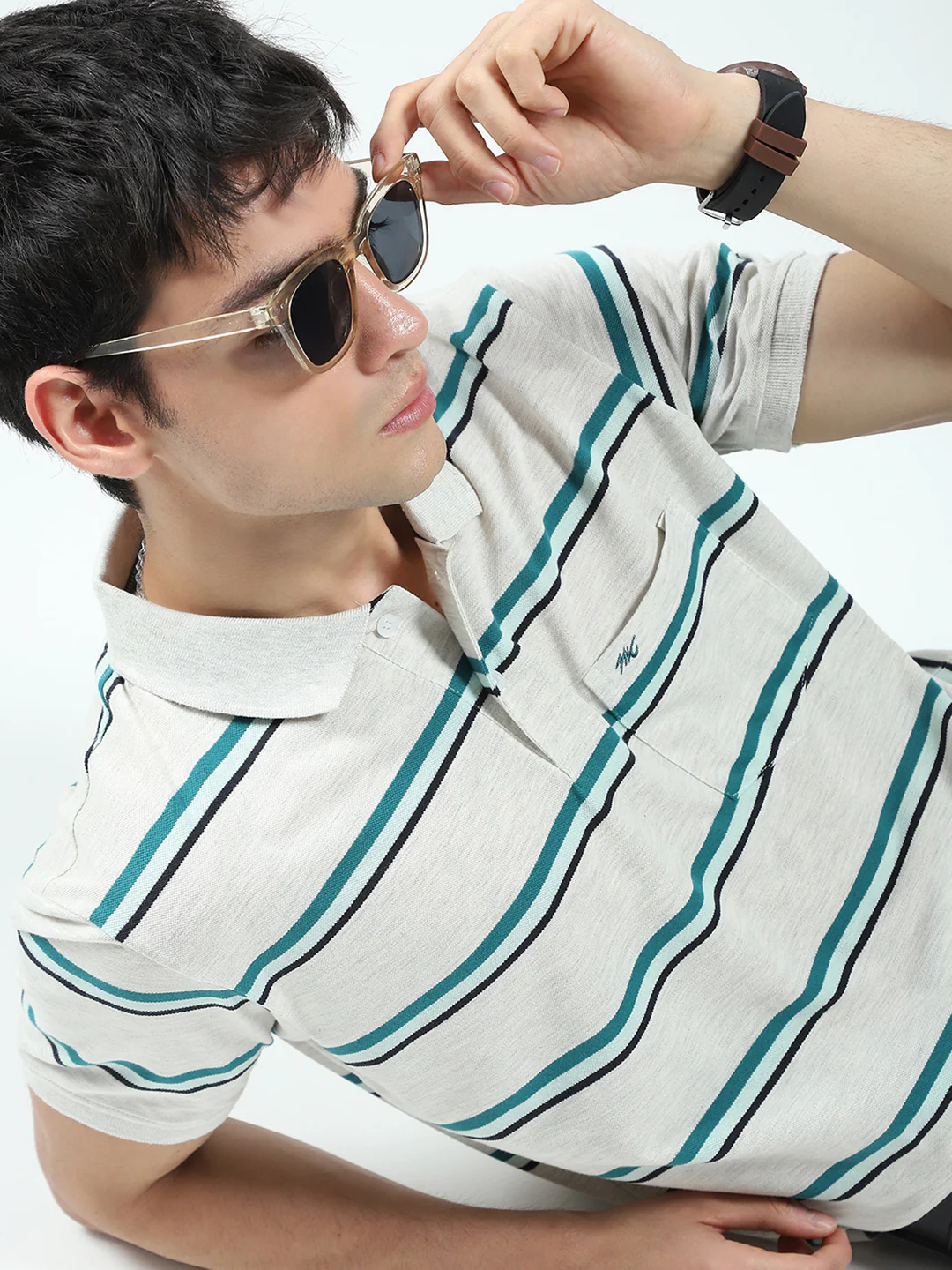 Men Grey Stripe Collar Half Sleeve T-Shirt - Image 6