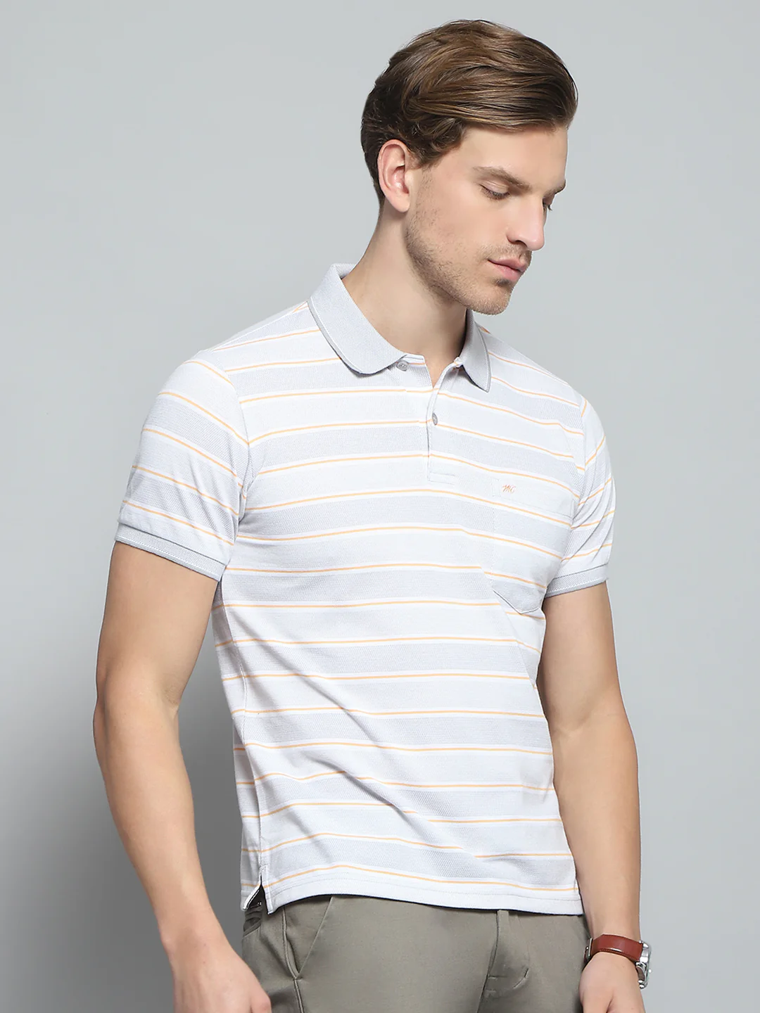 Men Grey Stripe Collar Half Sleeve T-Shirt - Image 4