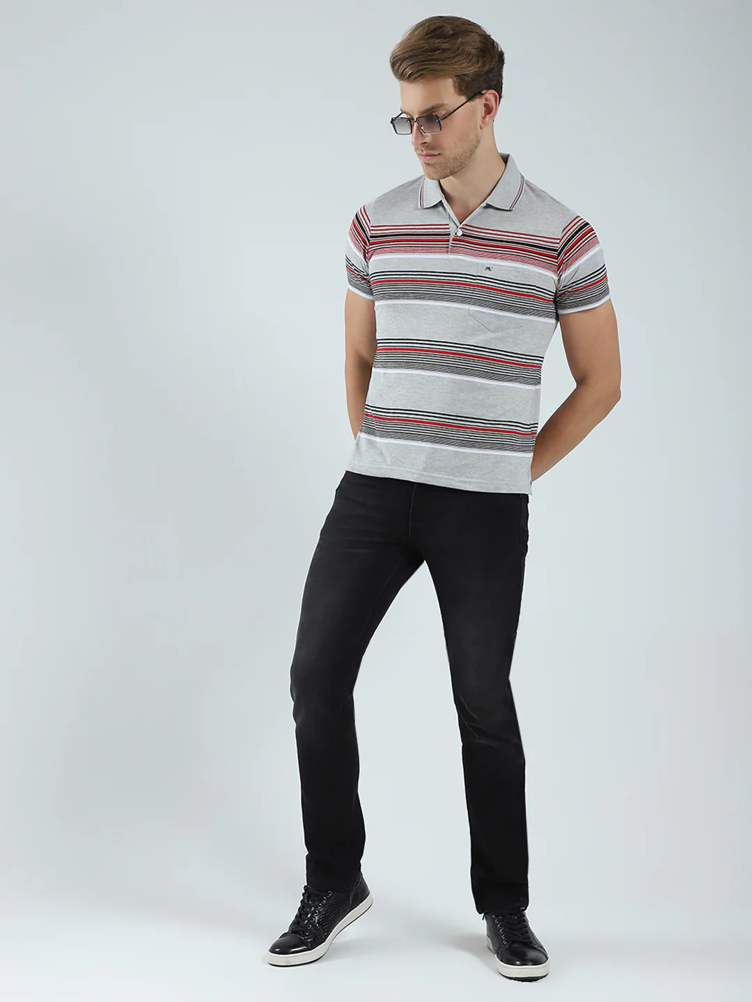 Men Grey Stripe Collar Half Sleeve T-Shirt - Image 2
