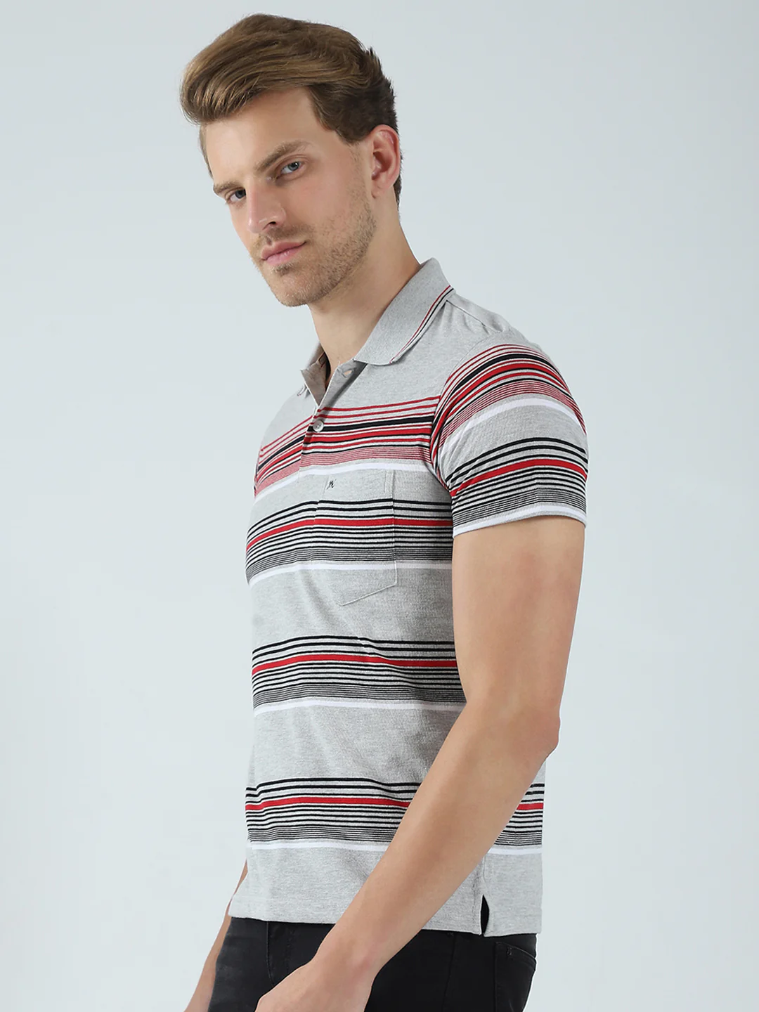 Men Grey Stripe Collar Half Sleeve T-Shirt - Image 3