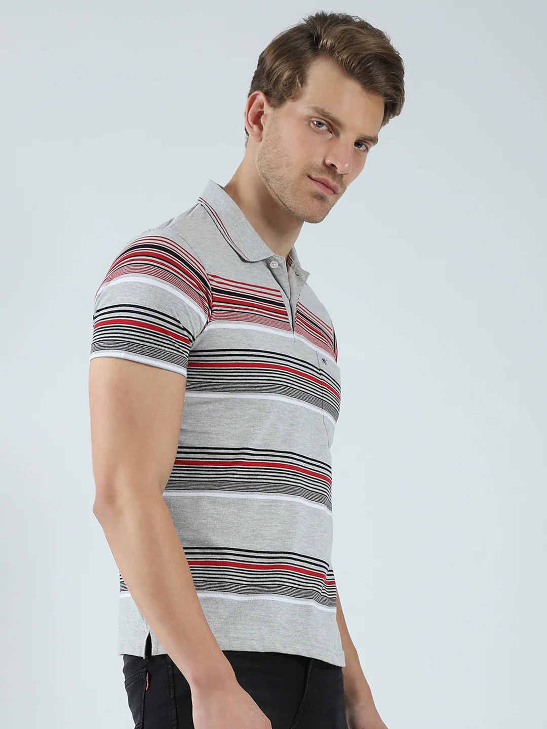 Men Grey Stripe Collar Half Sleeve T-Shirt - Image 4