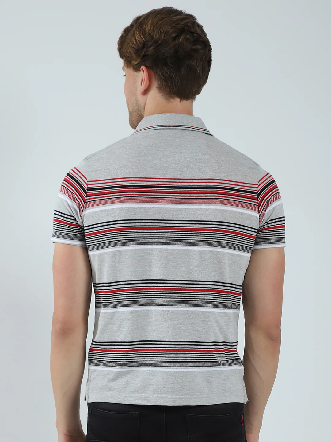 Men Grey Stripe Collar Half Sleeve T-Shirt - Image 5