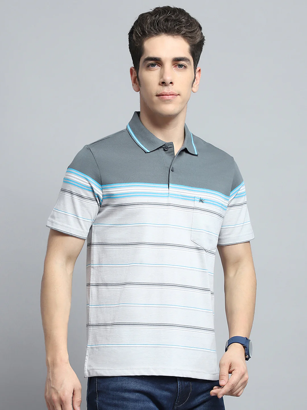 Men Grey Stripe Collar Half Sleeve T-Shirt - Image 4