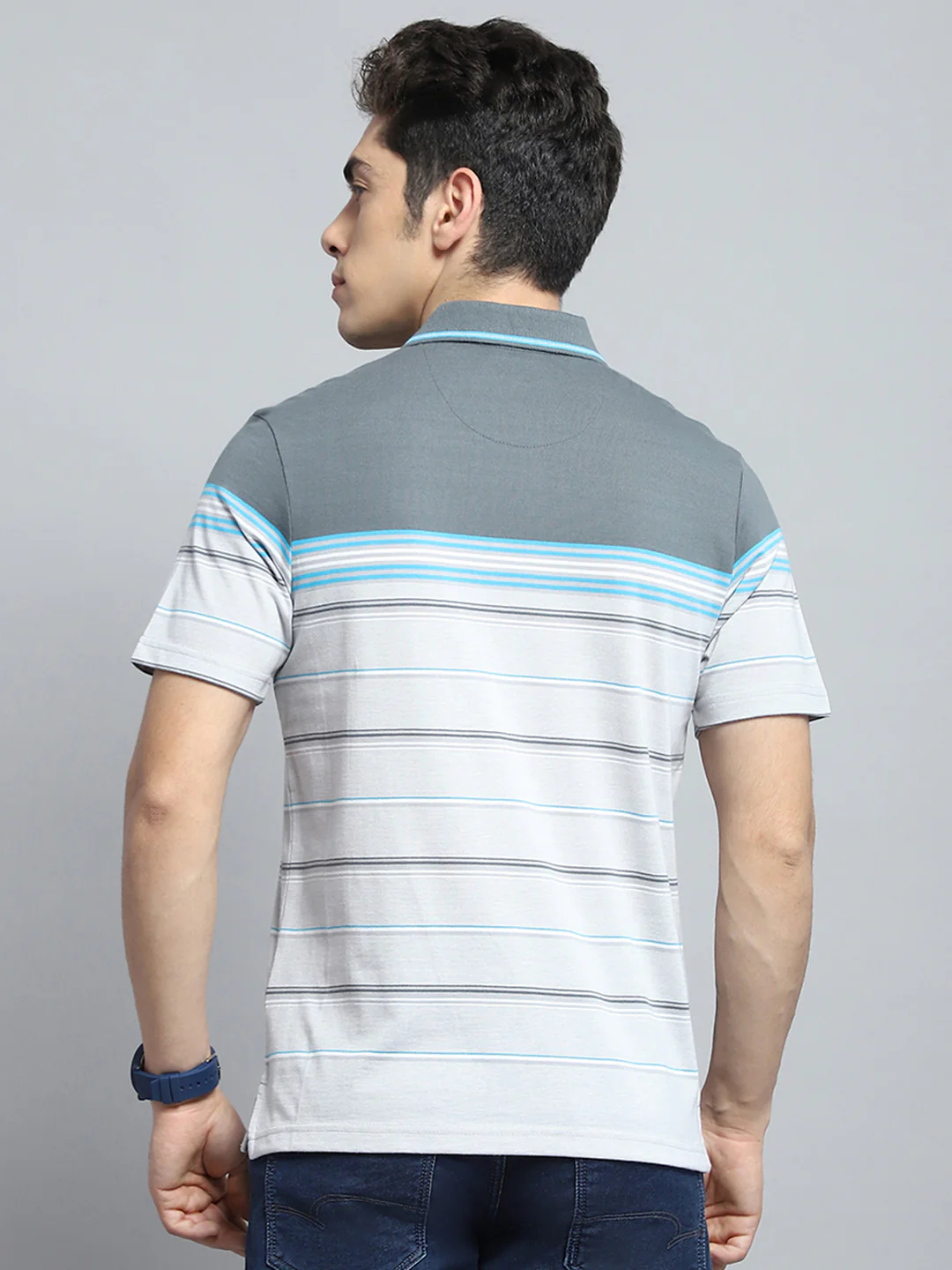 Men Grey Stripe Collar Half Sleeve T-Shirt - Image 5
