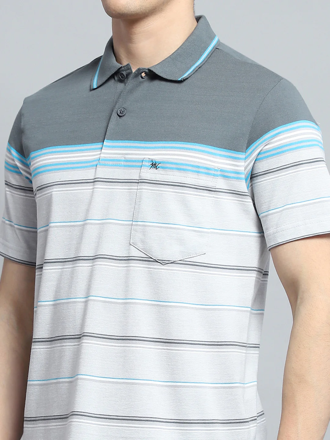 Men Grey Stripe Collar Half Sleeve T-Shirt - Image 7