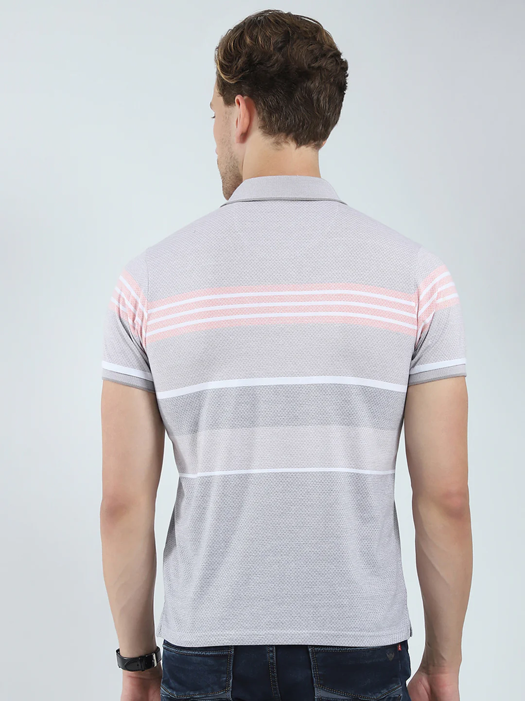 Men Grey Stripe Collar Half Sleeve T-Shirt - Image 5