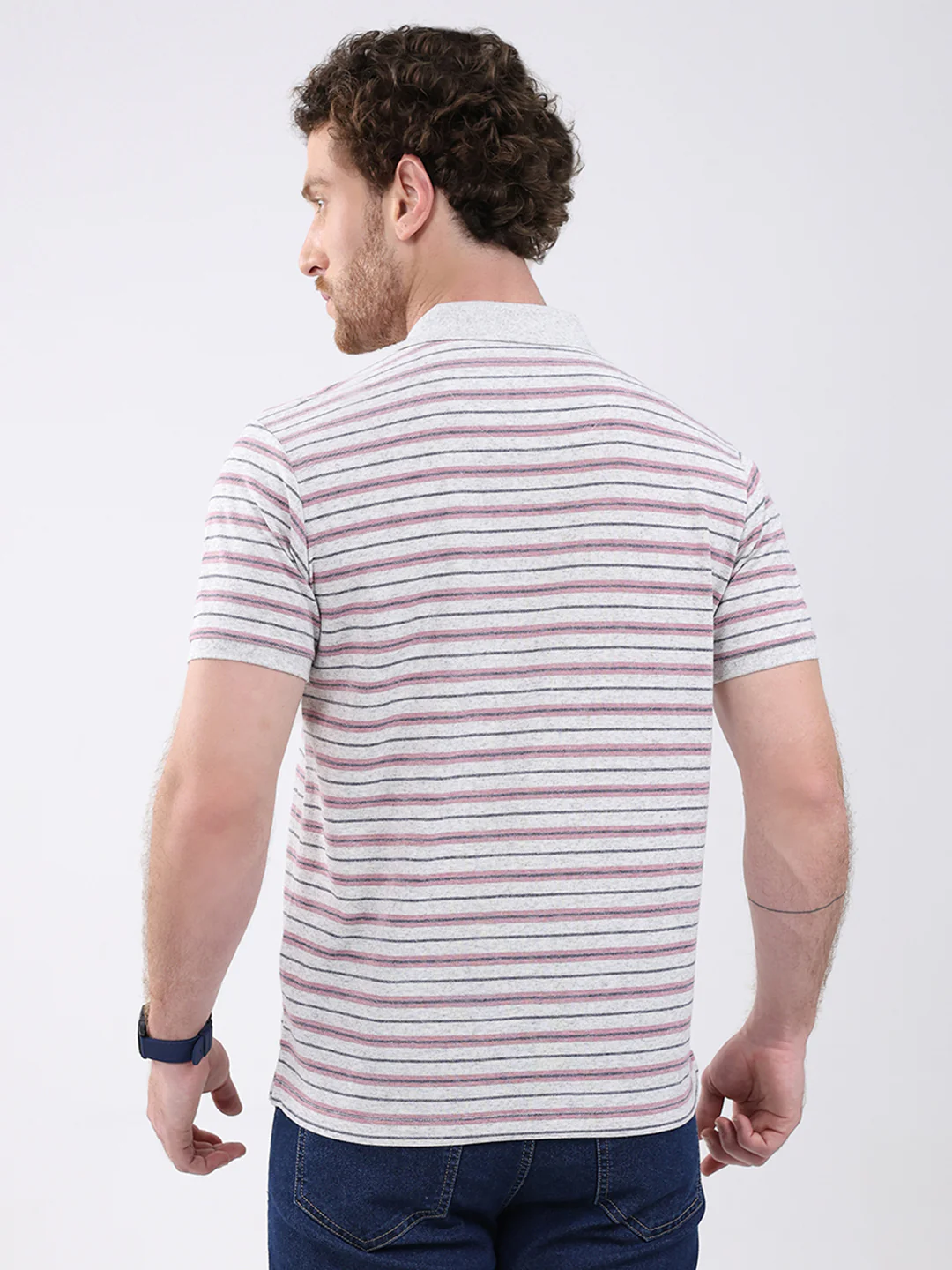 Men Grey Stripe Collar Half Sleeve T-Shirt - Image 5