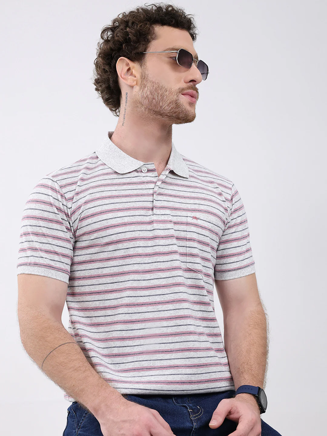 Men Grey Stripe Collar Half Sleeve T-Shirt - Image 6