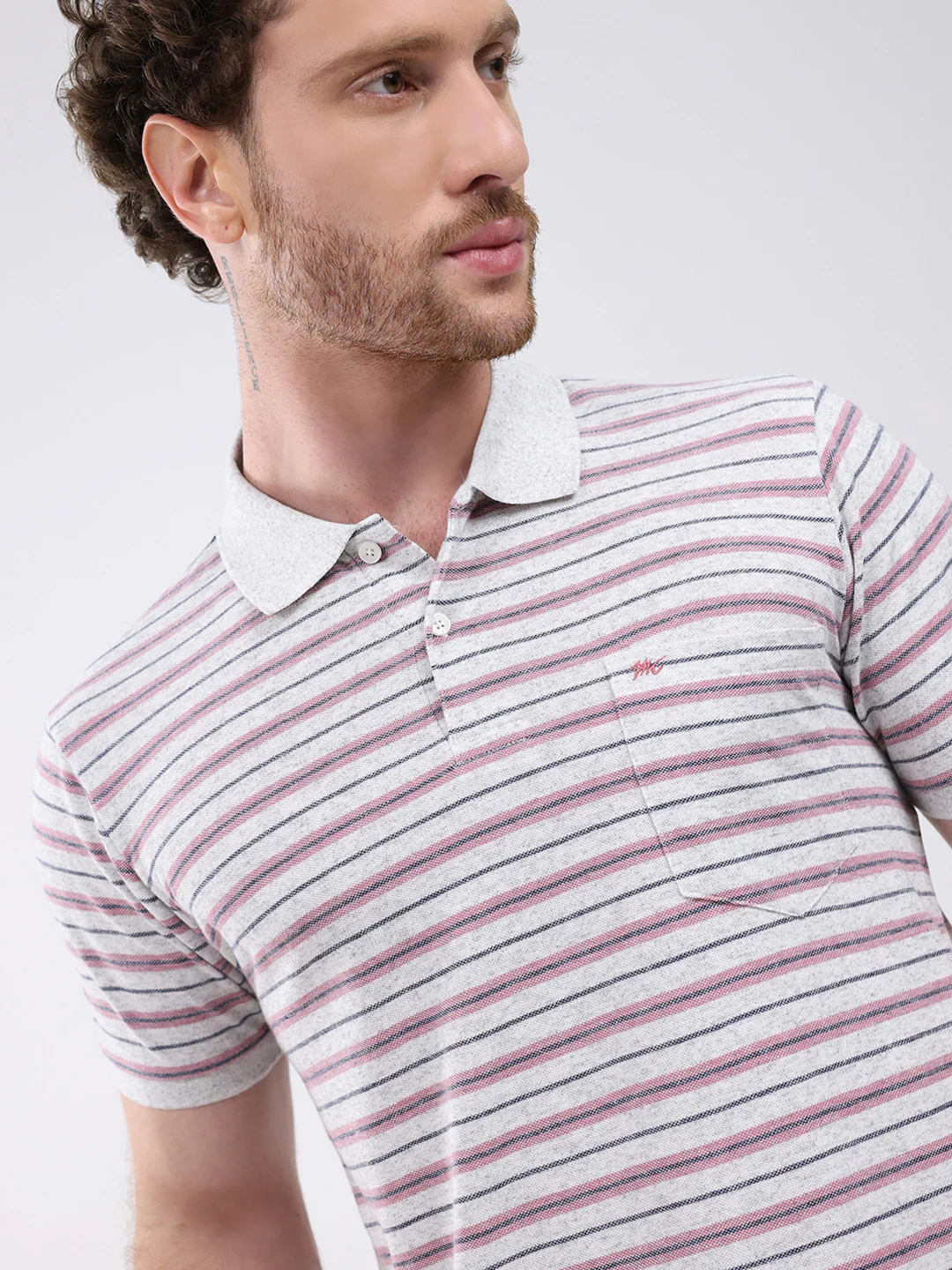 Men Grey Stripe Collar Half Sleeve T-Shirt - Image 7
