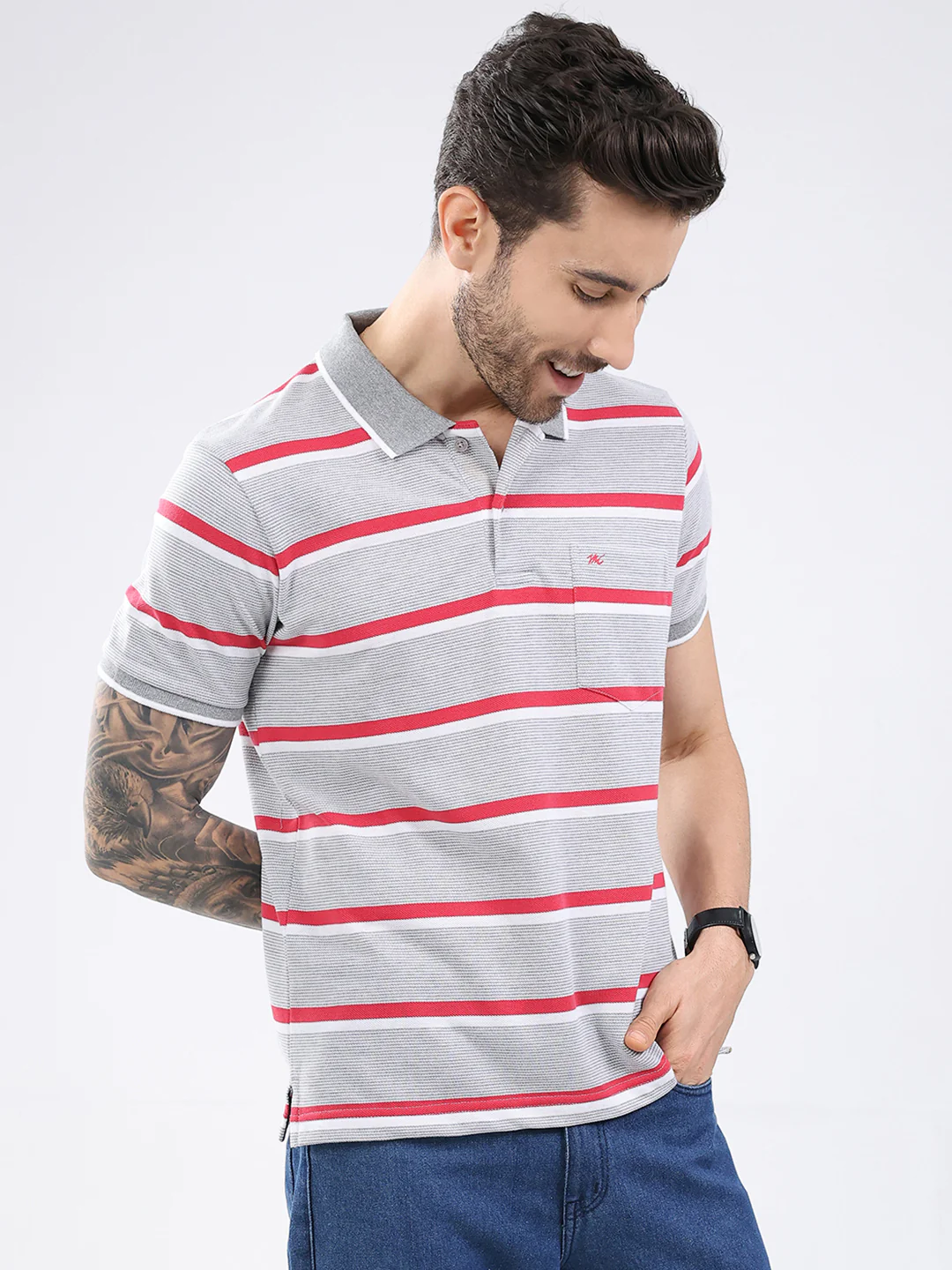 Men Grey Stripe Collar Half Sleeve T-Shirt - Image 4