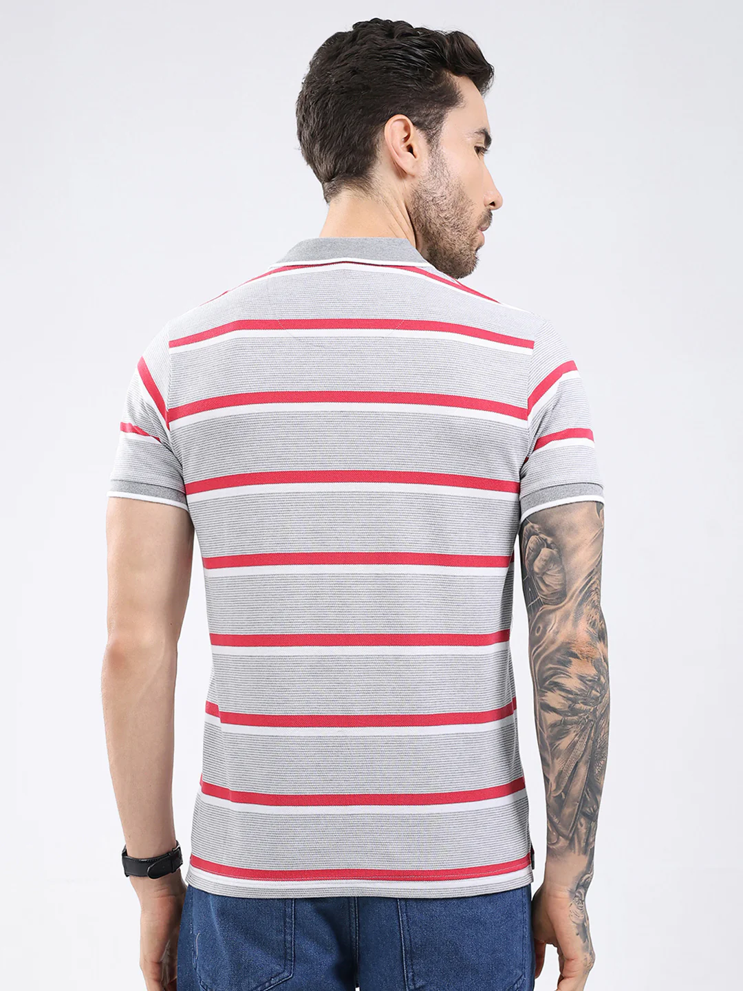 Men Grey Stripe Collar Half Sleeve T-Shirt - Image 5
