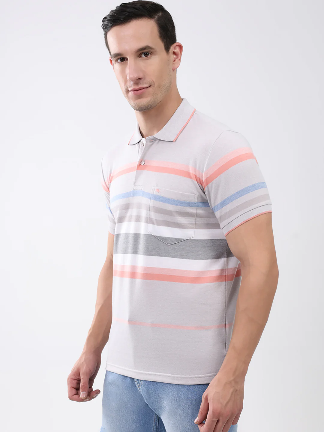 Men Grey Stripe Collar Half Sleeve T-Shirt - Image 3