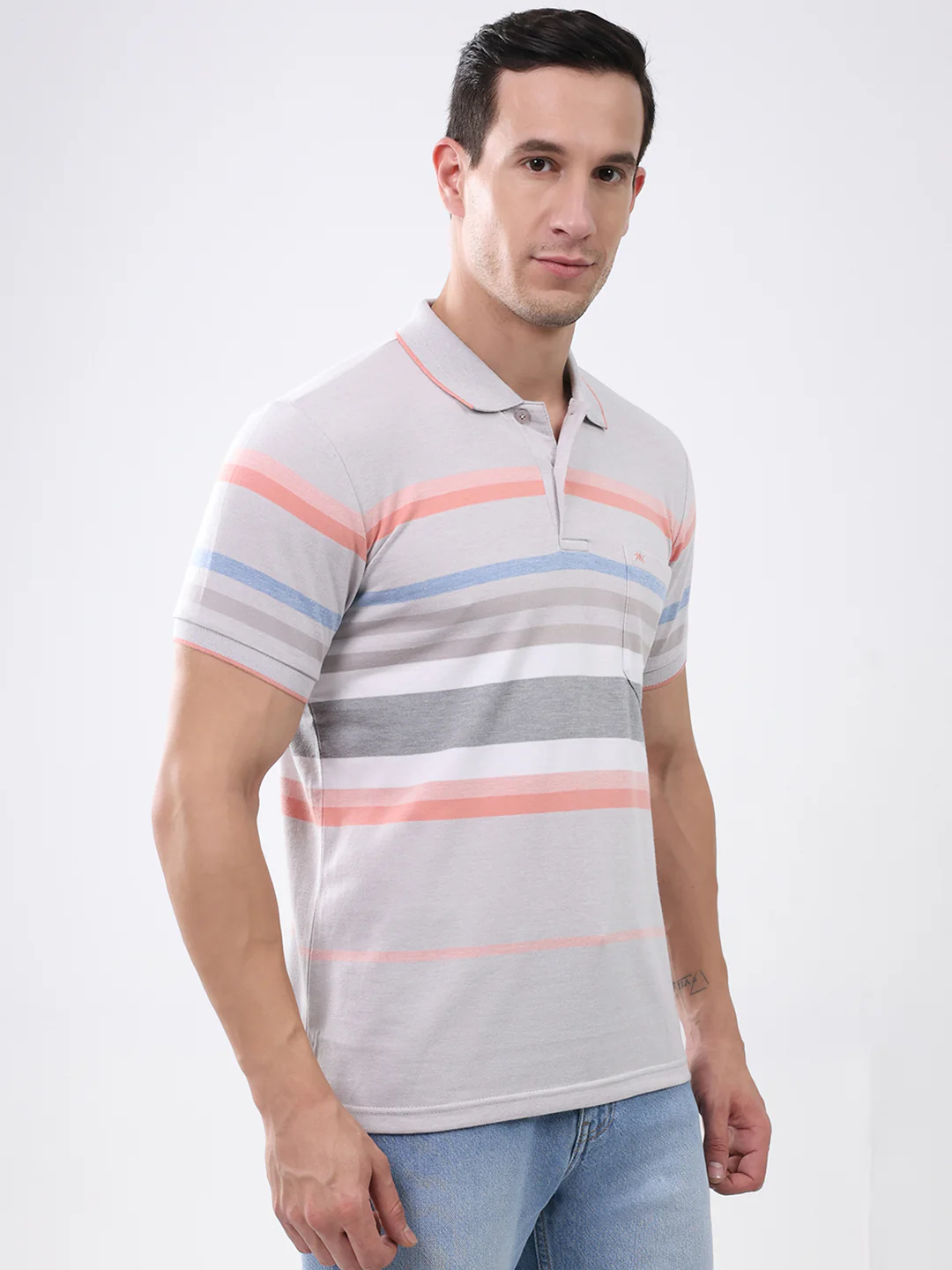 Men Grey Stripe Collar Half Sleeve T-Shirt - Image 4