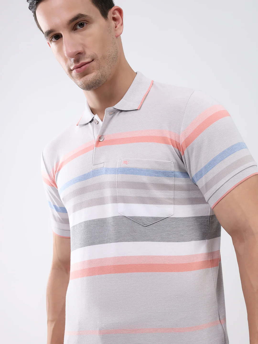 Men Grey Stripe Collar Half Sleeve T-Shirt - Image 6