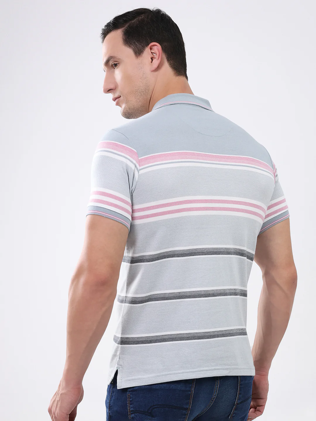 Men Grey Stripe Collar Half Sleeve T-Shirt - Image 5
