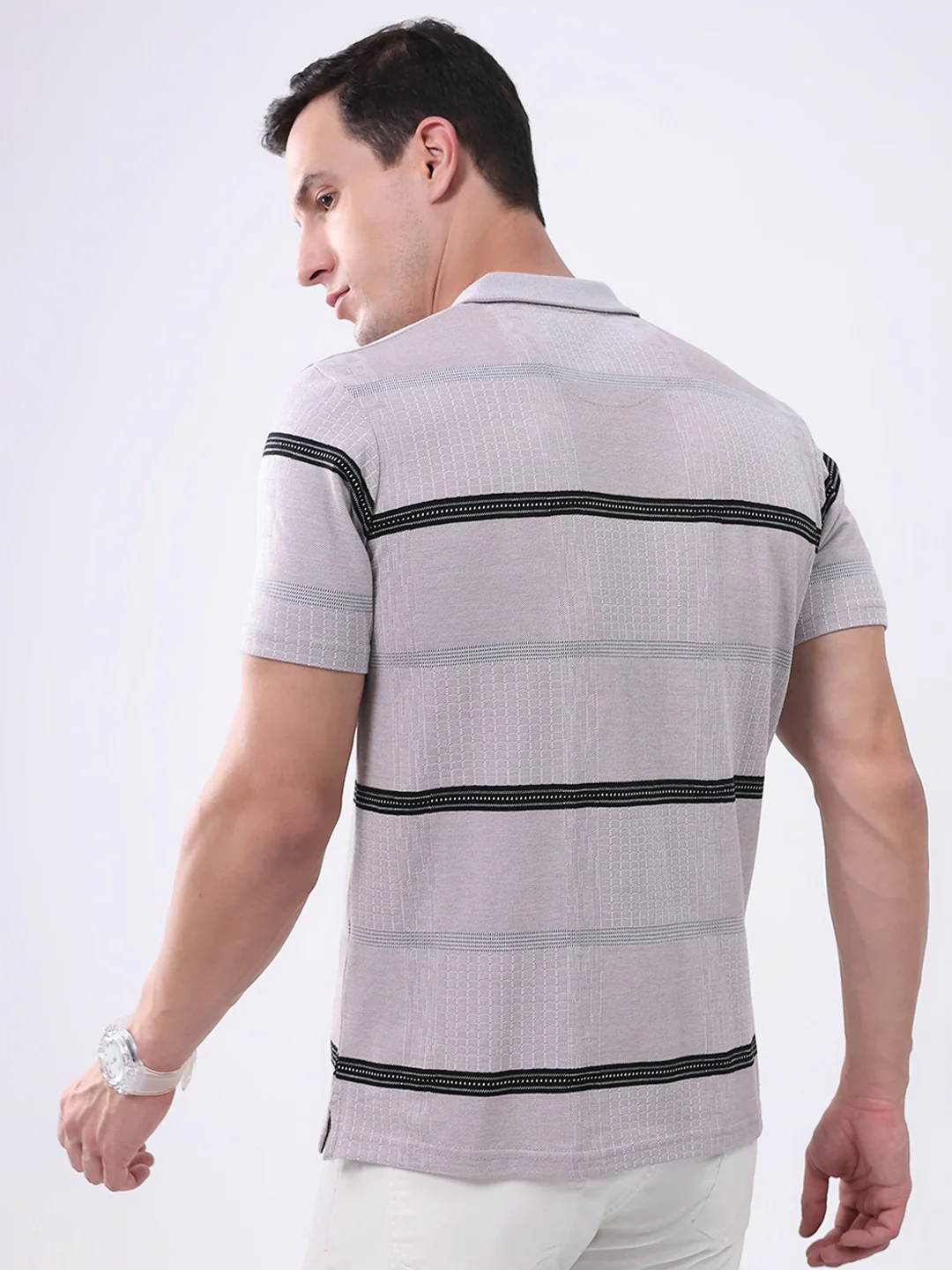 Men Grey Stripe Collar Half Sleeve T-Shirt - Image 5