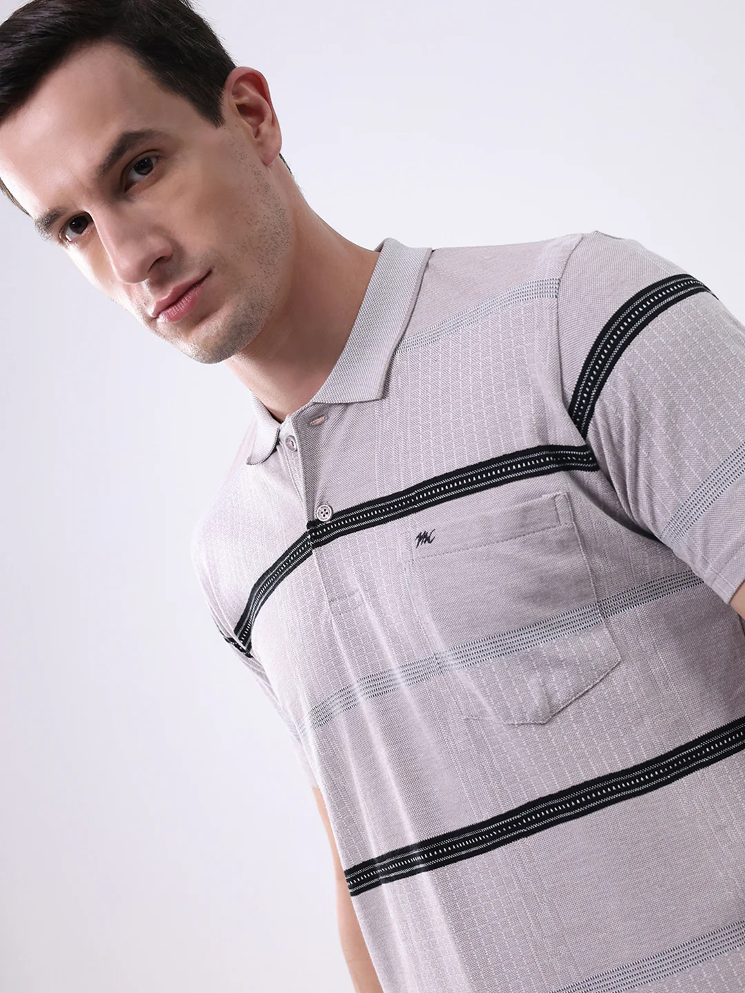 Men Grey Stripe Collar Half Sleeve T-Shirt - Image 6
