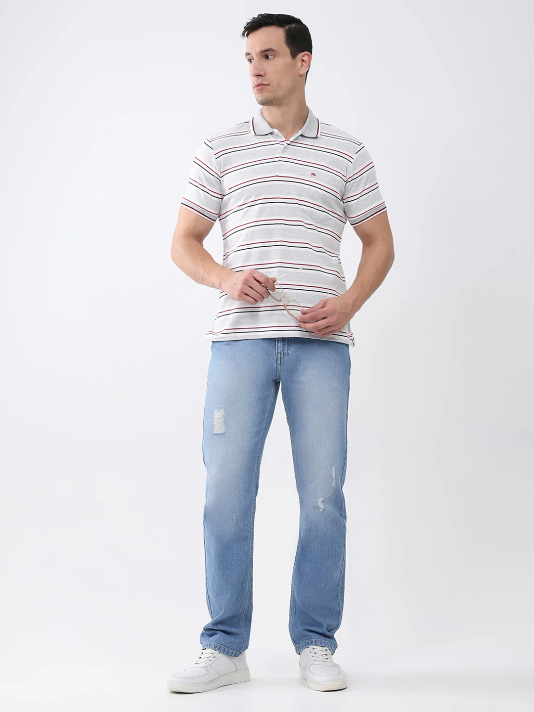 Men Grey Stripe Collar Half Sleeve T-Shirt - Image 2