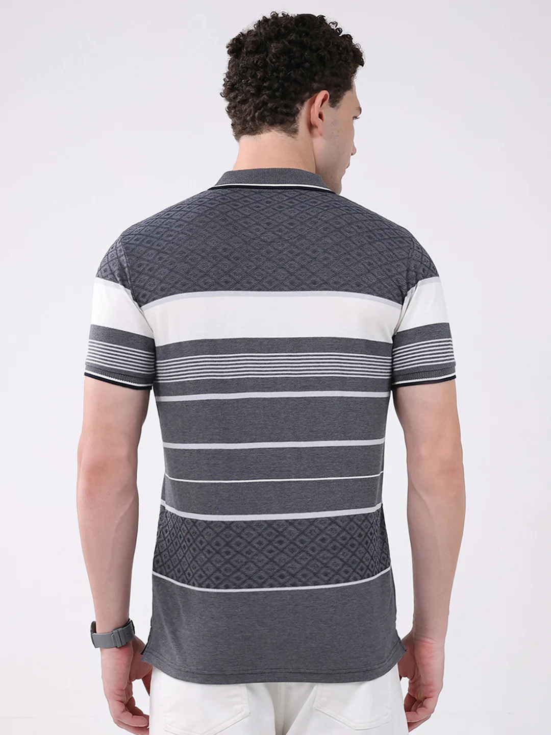 Men Grey Stripe Collar Half Sleeve T-Shirt - Image 5