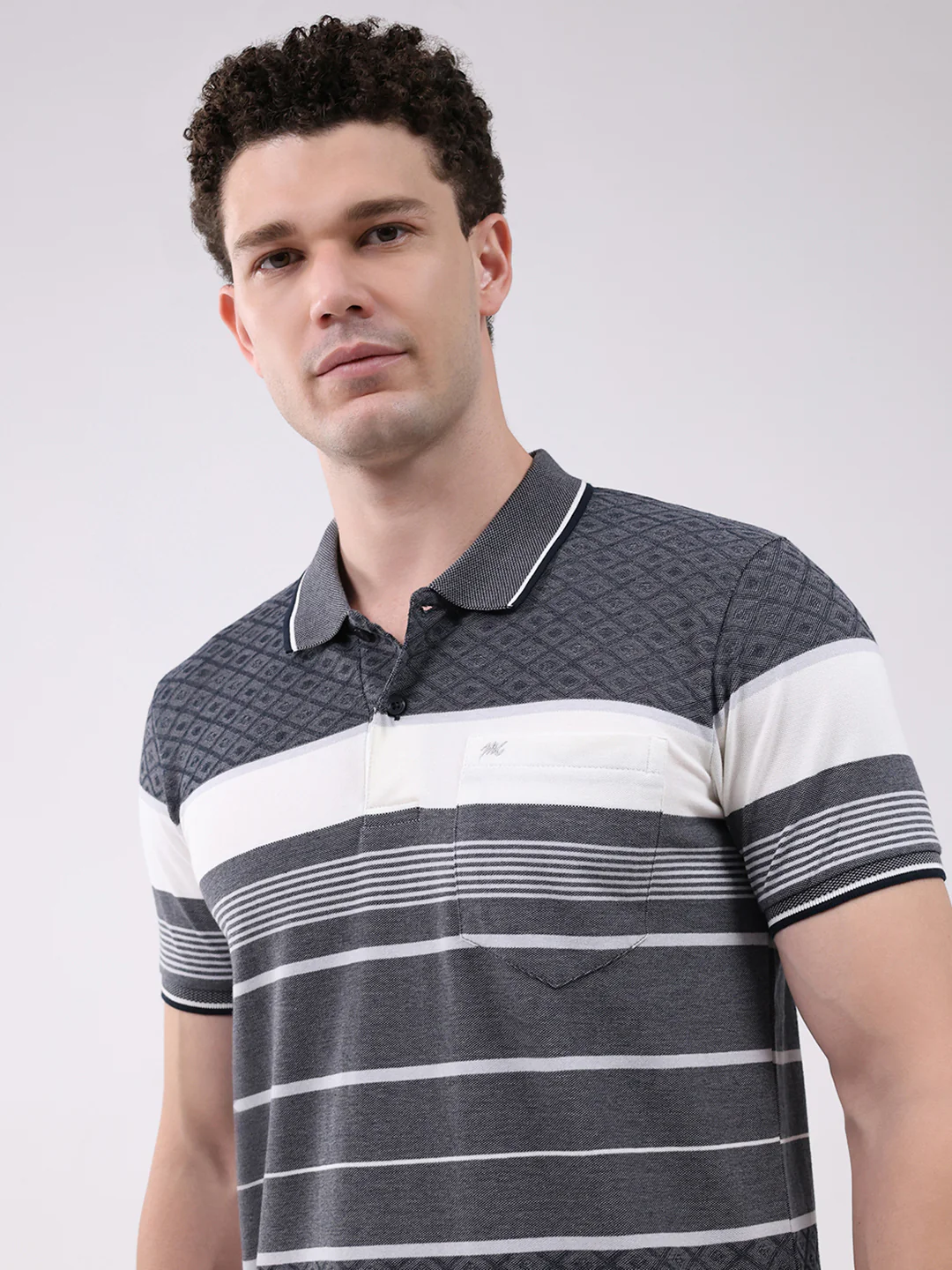 Men Grey Stripe Collar Half Sleeve T-Shirt - Image 7