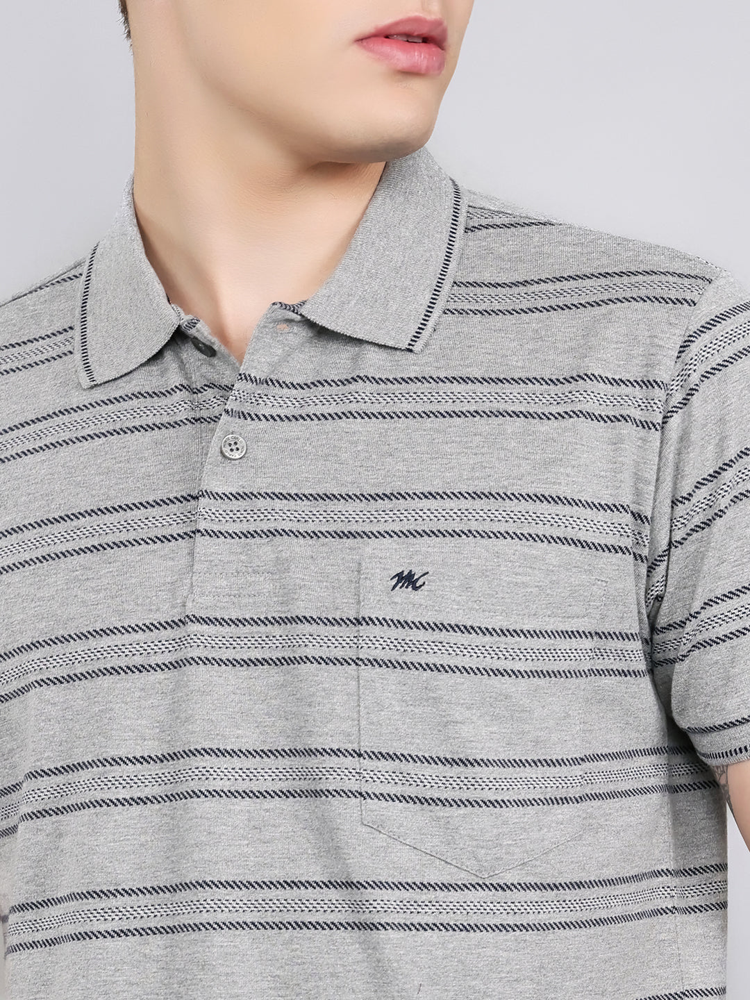 Men Grey Stripe Collar Half Sleeve T-Shirt - Image 5