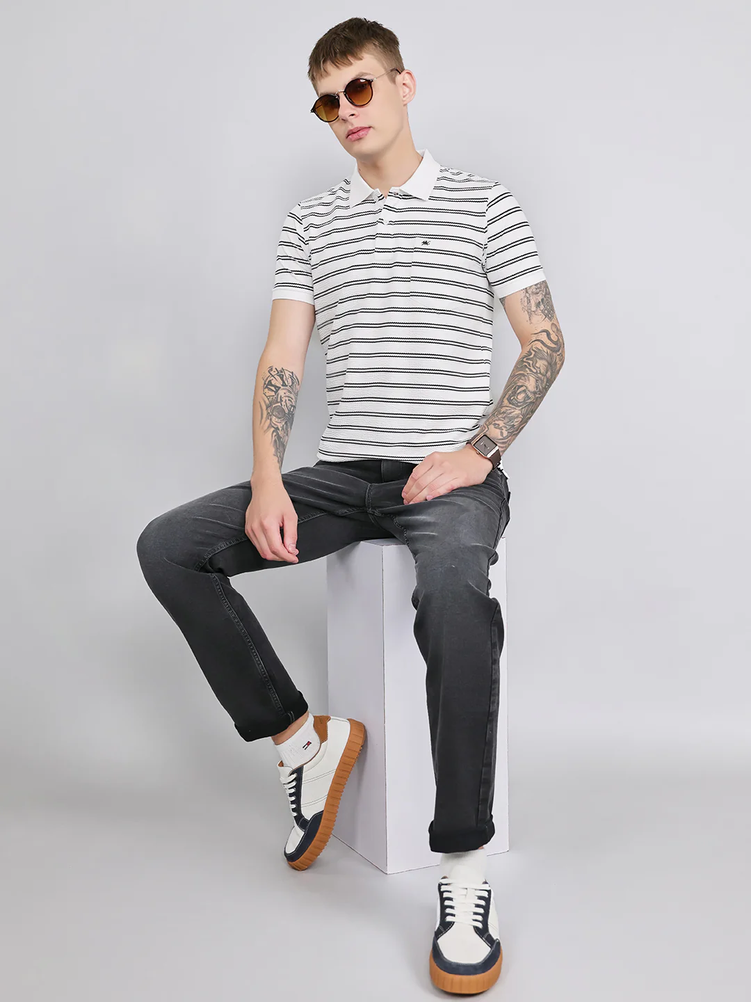 Men Grey Stripe Collar Half Sleeve T-Shirt - Image 6