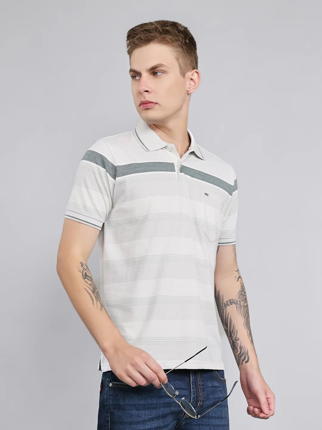Men Grey Stripe Collar Half Sleeve T-Shirt - Image 2
