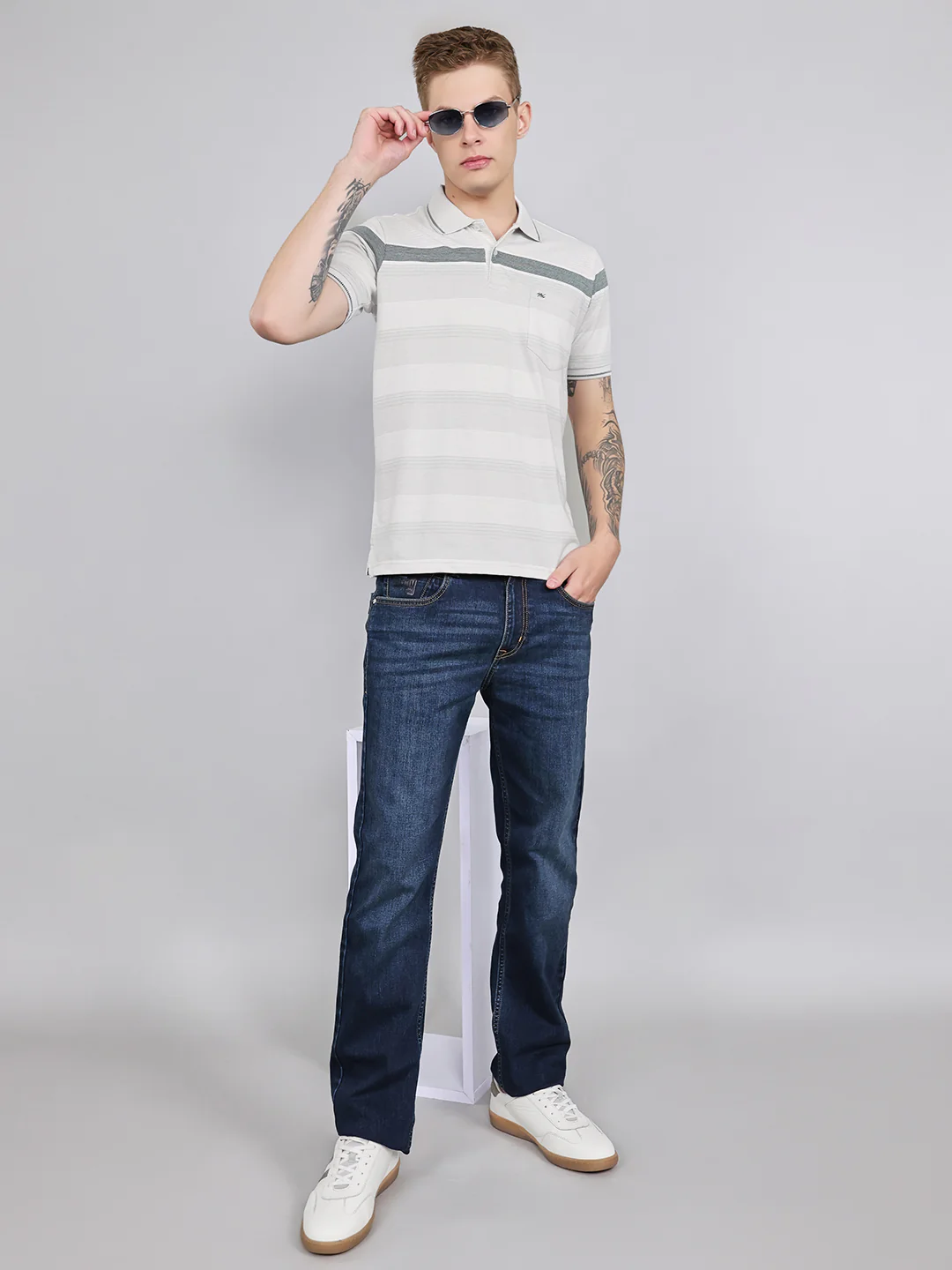 Men Grey Stripe Collar Half Sleeve T-Shirt - Image 7