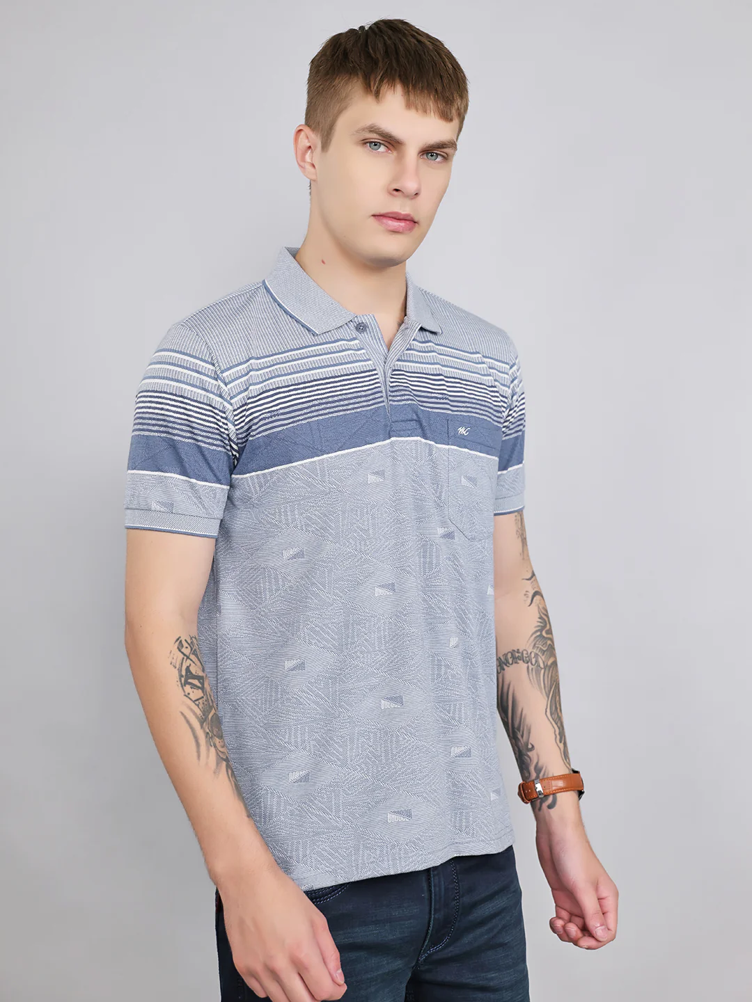 Men Grey Stripe Collar Half Sleeve T-Shirt - Image 3