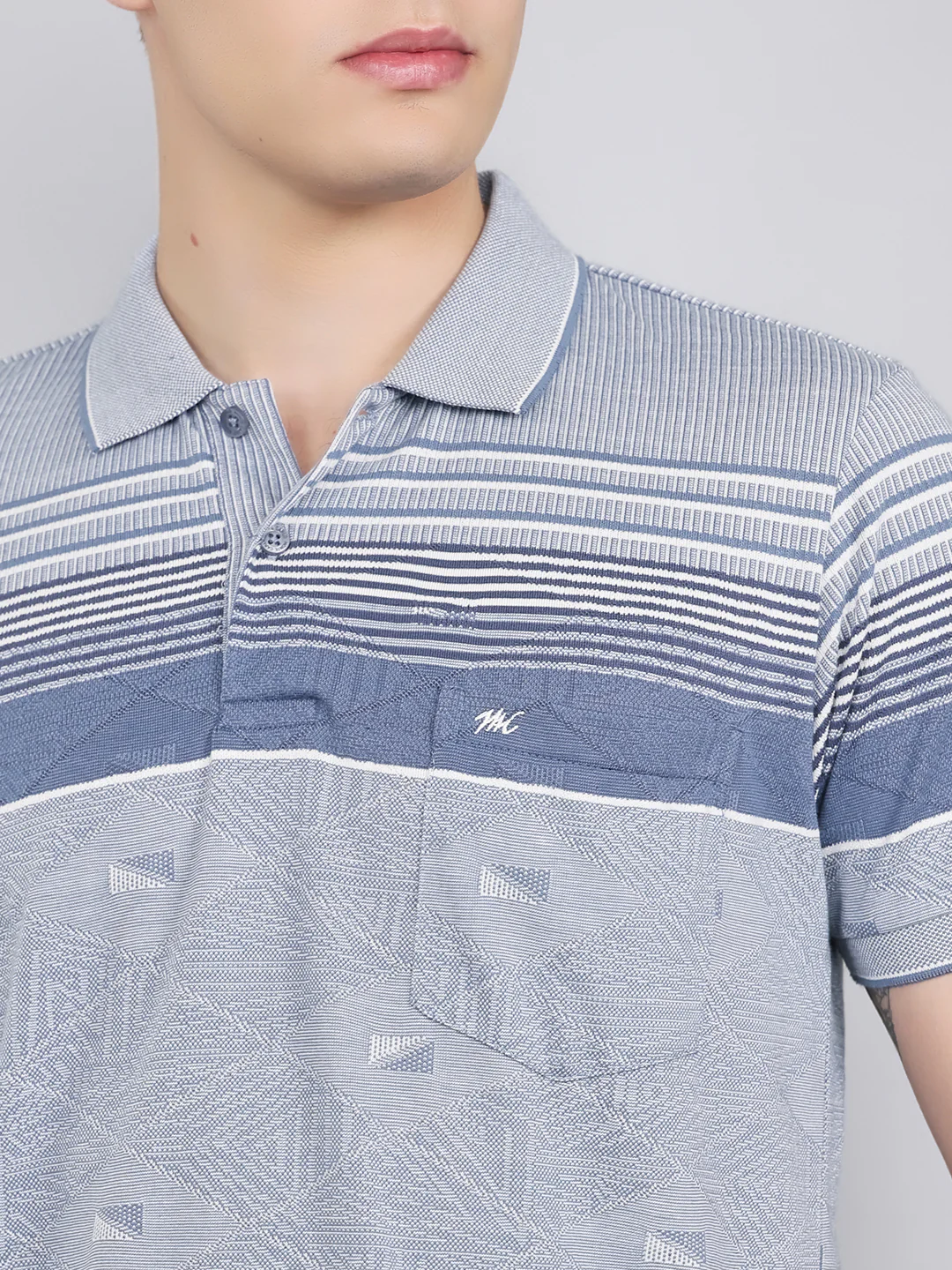 Men Grey Stripe Collar Half Sleeve T-Shirt - Image 5