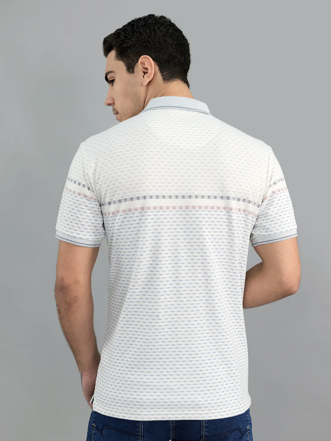 Men Grey Stripe Collar Half Sleeve T-Shirt - Image 4