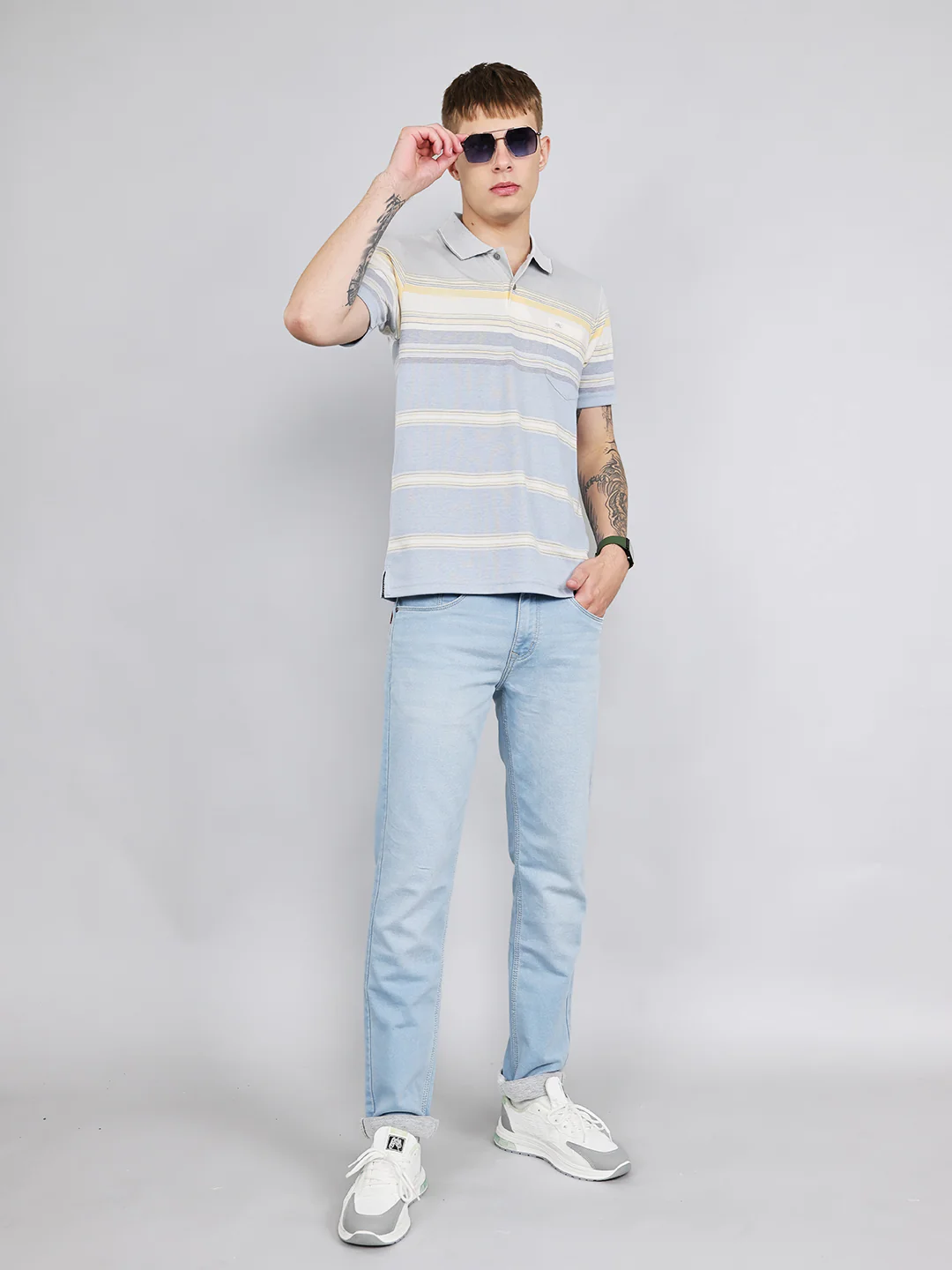 Men Grey Stripe Collar Half Sleeve T-Shirt - Image 5