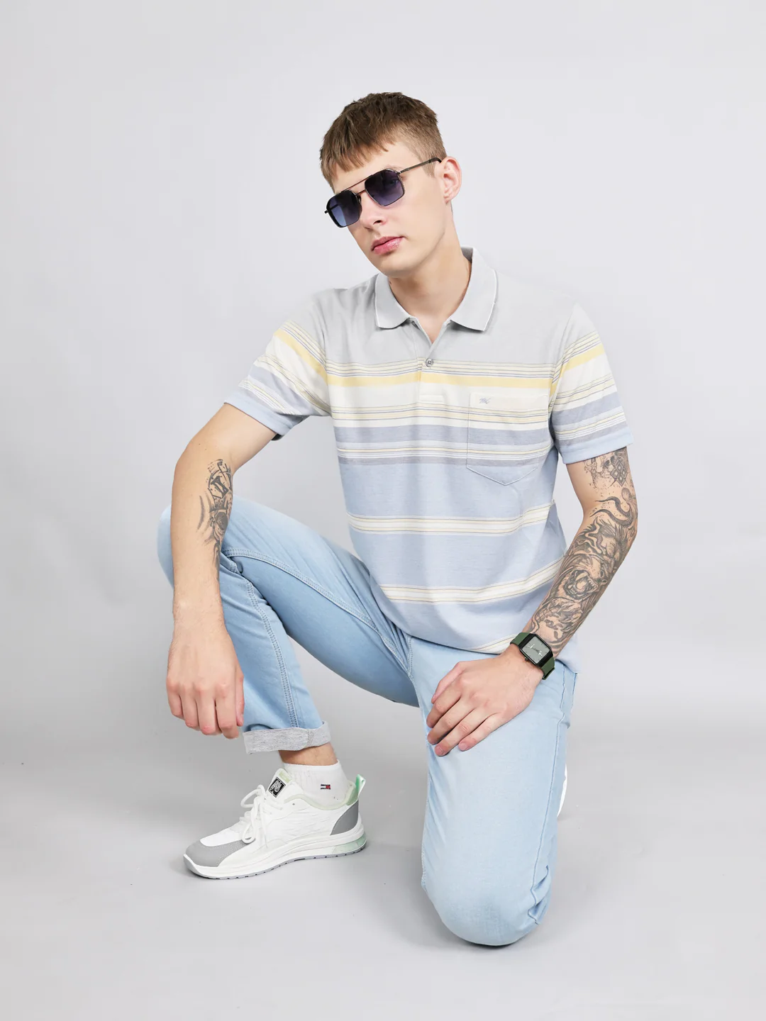 Men Grey Stripe Collar Half Sleeve T-Shirt - Image 6