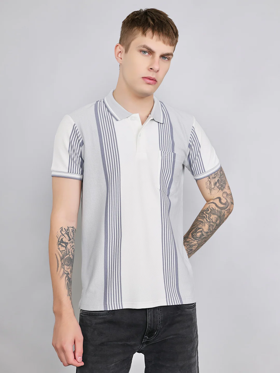 Men Grey Stripe Collar Half Sleeve T-Shirt - Image 8