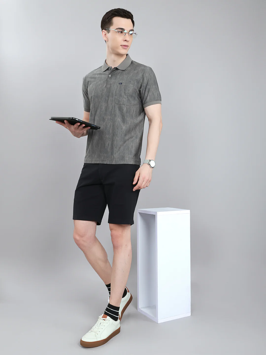 Men Grey Stripe Collar Half Sleeve T-Shirt - Image 6