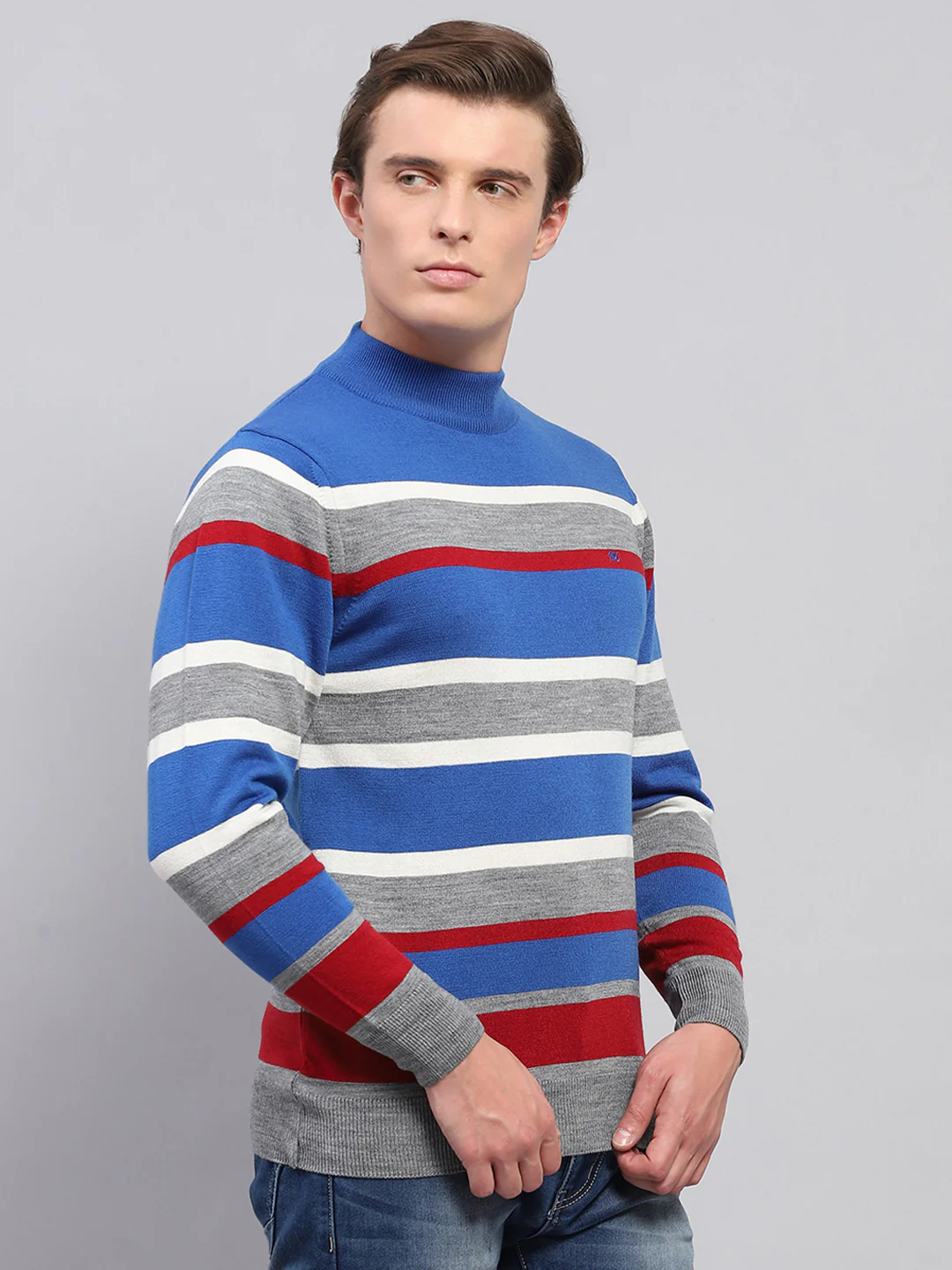 Men Grey Stripe High Neck Full Sleeve Pullover - Image 3
