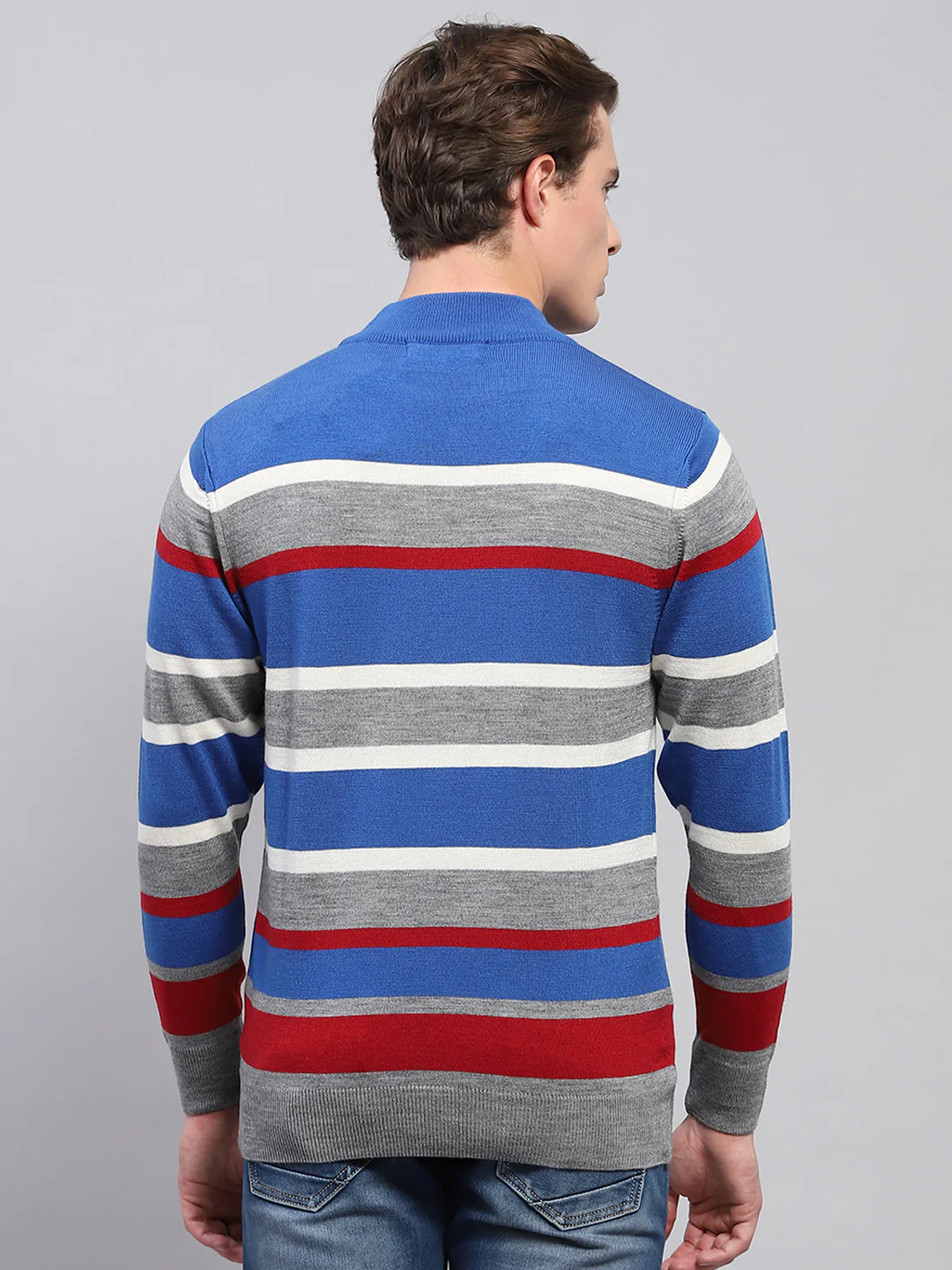 Men Grey Stripe High Neck Full Sleeve Pullover - Image 5
