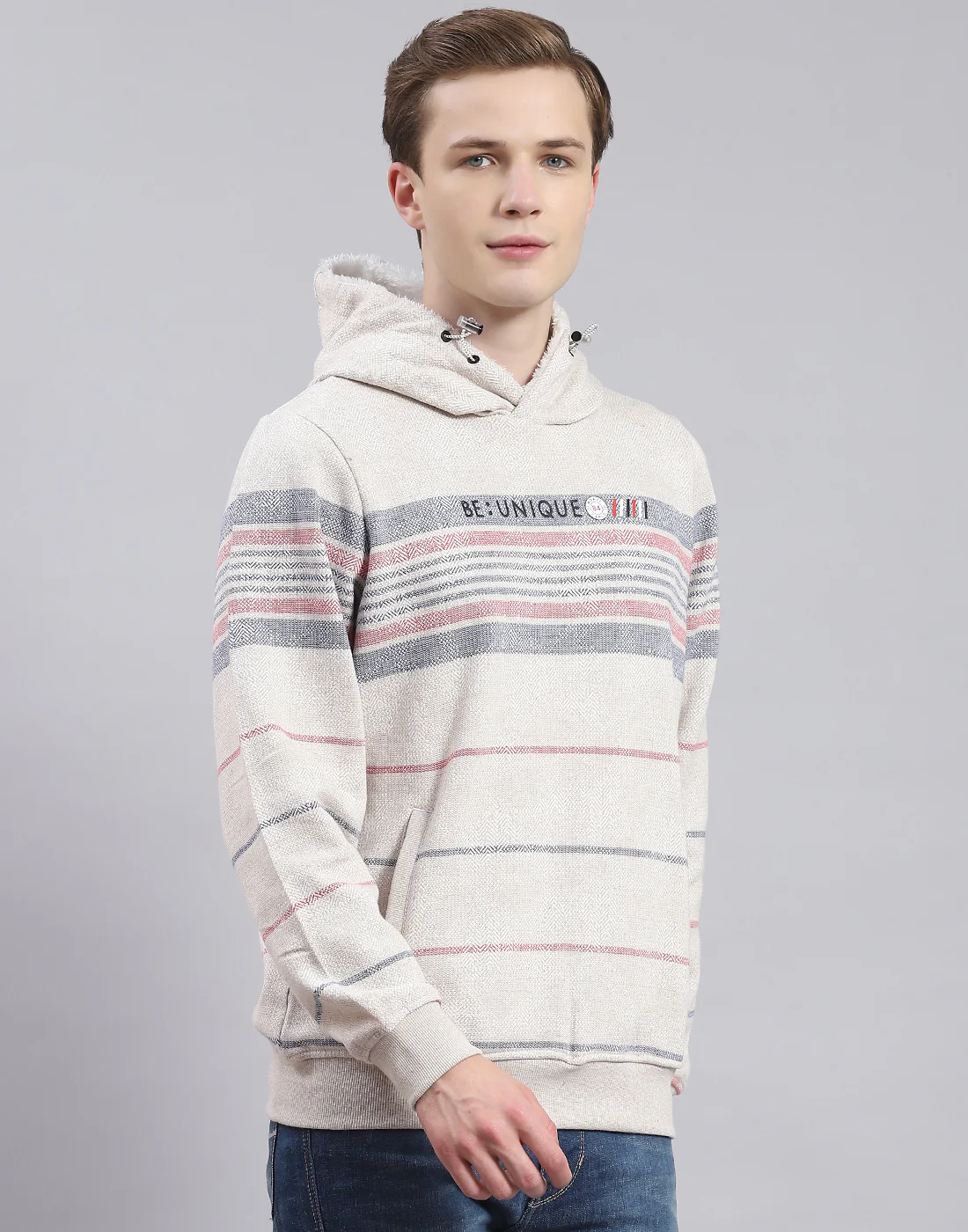 Men Grey Stripe Hooded Full Sleeve Sweatshirt - Image 4